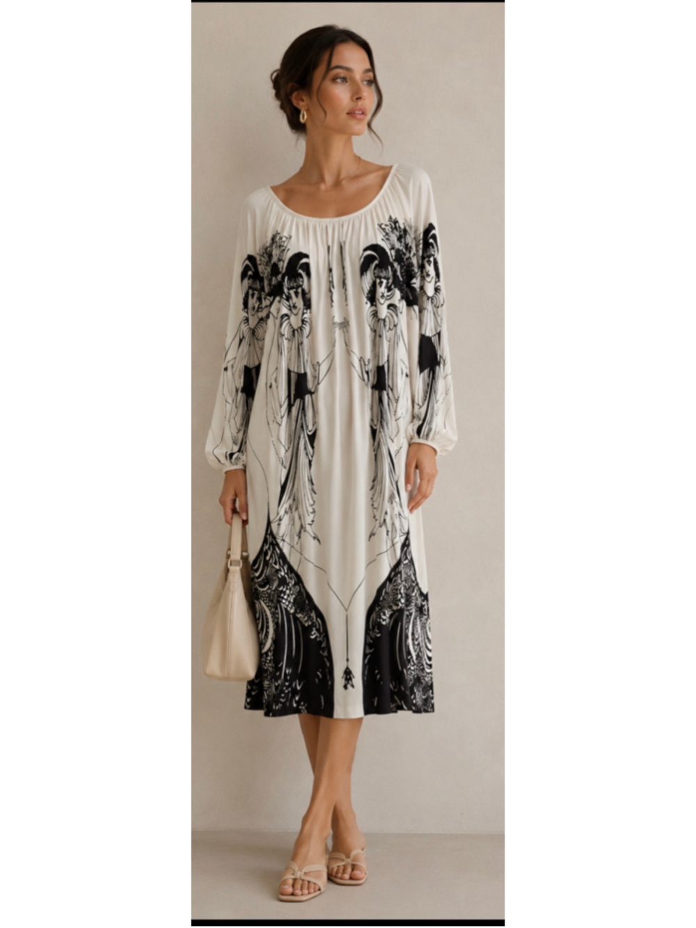 Women's Clements Ribeiro SWAN Midi Dress Size M Cream Black Graphic Print Boho